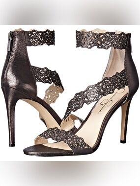 Jessica Simpson Geela Gunmetal Heels w/Asymmetrical Straps & Rhinestones-Sz 6.5